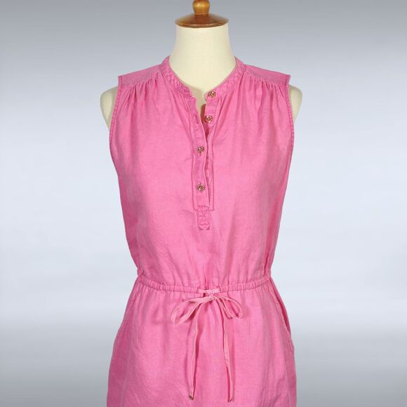 Juicy Couture Womens Mini Dress M Pink Linen Sleeveless Gold Buttons Drawstring - Picture 9 of 9